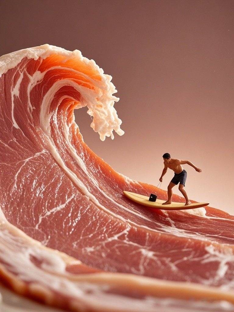 Under a macro lens, a slice of pork curls up into a massive wave. A tiny figure bravely surfs on this 'wave' with the surfboard kicking up delicate splashes.